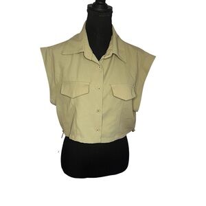 Spoon Jeans Light Green Crop Top Sz L Button Up Drawstring Collar Chest Pockets